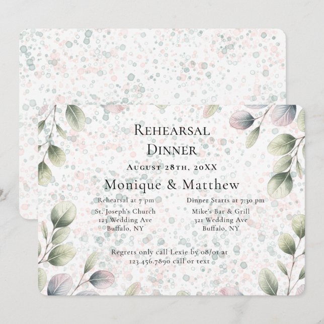 Convites Jantar de Ensaios de Casamento Eucalyptus Pink Blu (Frente/Verso)