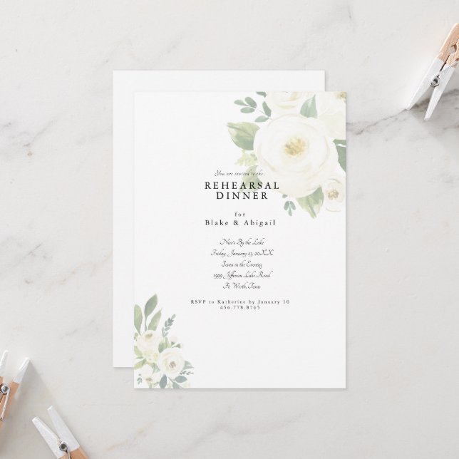Convites Jantar de Ensaios de Casamento Floral Branco (Frente/Verso In Situ)