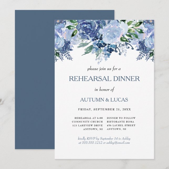 Convites Jantar de Ensaios de Casamento Floral Cinza Azul (Frente/Verso)