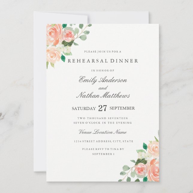 Convites Jantar de Ensaios de Casamento Floral em Aquarela  (Frente)