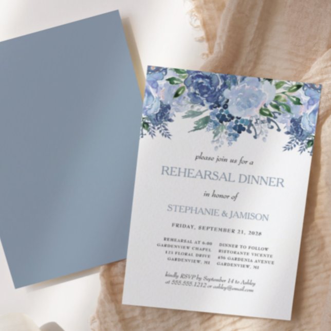 Convites Jantar de Ensaios de Casamento Floral em Azul Empo (Criador carregado)