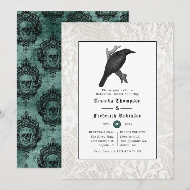 Convites Jantar de Ensaios de Casamento Gótico Crânio e Ren (Frente/Verso)
