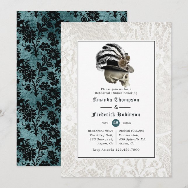 Convites Jantar de Ensaios de Casamento Gótico de Damasco e (Frente/Verso)
