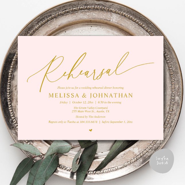Convites Jantar de Ensaios de Casamento Íntimo Romântico Mo (Modern Romantic Intimate Wedding Rehearsal Dinner Invitation Card in Gold Blush)