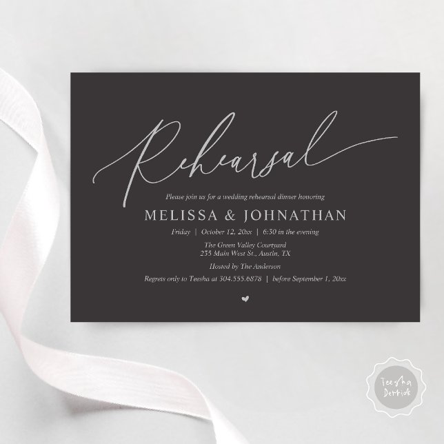 Convites Jantar de Ensaios de Casamento Íntimo Romântico Mo (Modern Romantic Intimate Wedding Rehearsal Dinner Invitation Card in Charcoal SIlver)