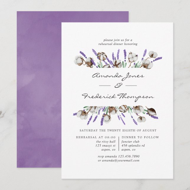 Convites Jantar de Ensaios de Casamento Lavanda e Algodão (Frente/Verso)