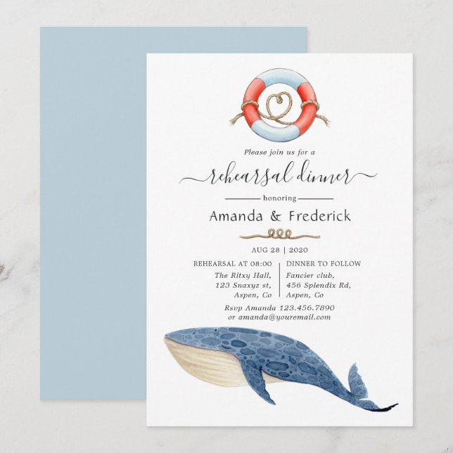 Convites Jantar de Ensaios de Casamento Náutico Baleia (Frente/Verso)