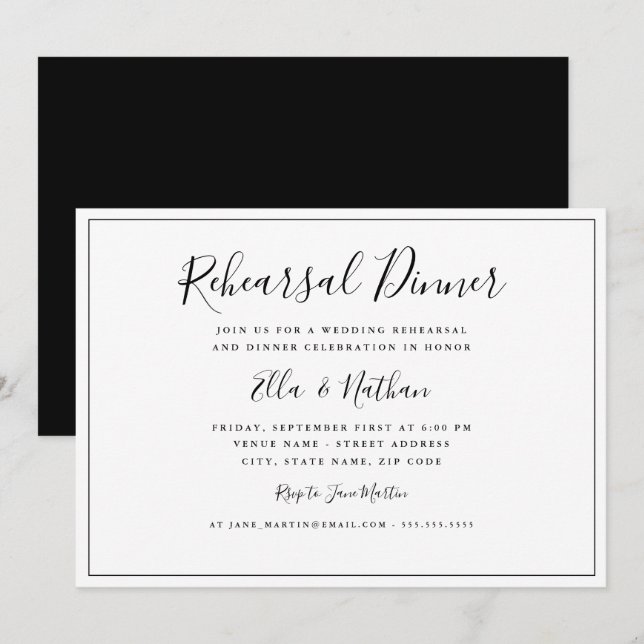 Convites Jantar de Ensaios de Casamento Preto e Branco Clás (Frente/Verso)