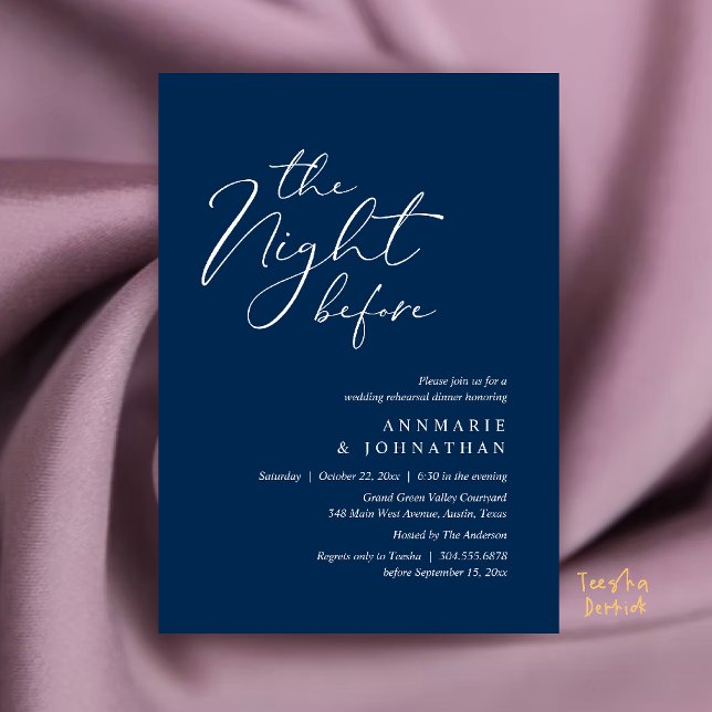 Convites Jantar de Ensaios de Casamento Romântico da Noite  (The Night Before Romantic Wedding Rehearsal Dinner Invitation Card in Navy Blue)