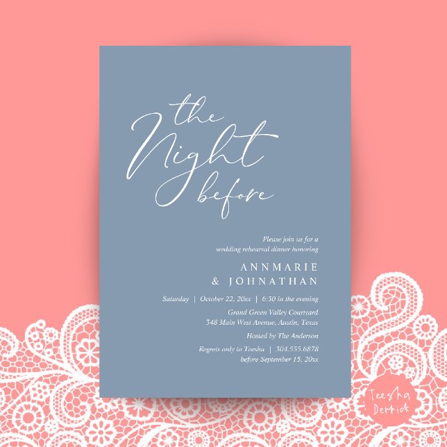 Convites Jantar de Ensaios de Casamento Romântico da Noite  (The Night Before Romantic Wedding Rehearsal Dinner Invitation Card in Dusty Blue)
