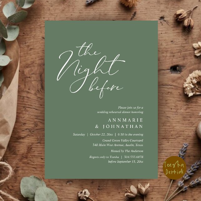 Convites Jantar de Ensaios de Casamento Romântico da Noite  (The Night Before Romantic Wedding Rehearsal Dinner Invitation Card in Sage Green)