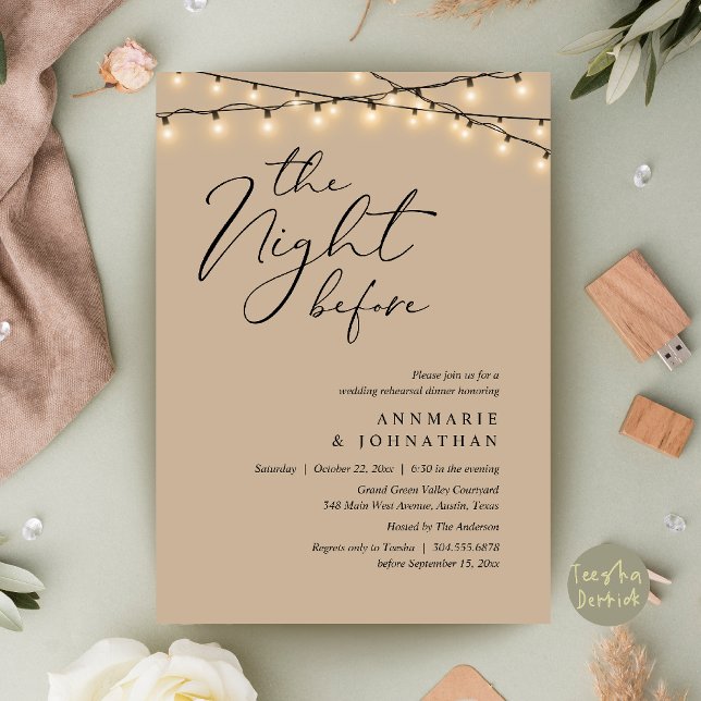 Convites Jantar de Ensaios de Casamento Romântico da Noite  (The Night Before Romantic Wedding Rehearsal Dinner Invitation Card in String Lights Brown Tan)