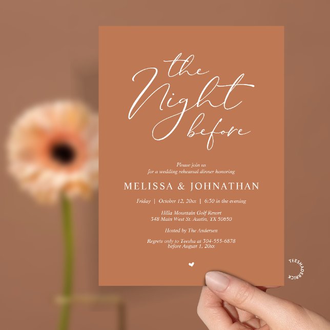 Convites Jantar de Ensaios de Casamento Romântico da Noite  (The Night Before Romantic Wedding Rehearsal Dinner Invitation card in Terracotta Brown)