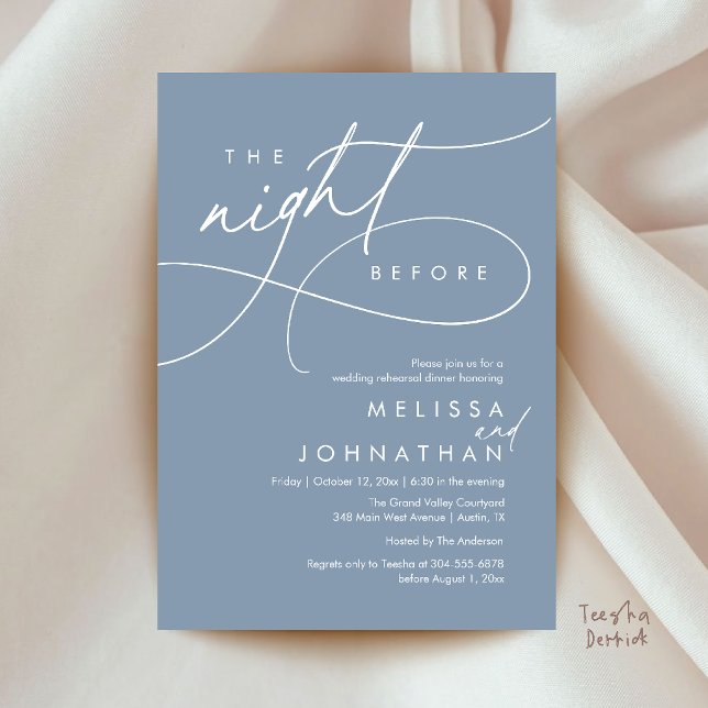 Convites Jantar de Ensaios de Casamento Romântico na Noite  (Romantic Wedding Rehearsal Dinner The Night Before Invitation Card in Dusty Blue)