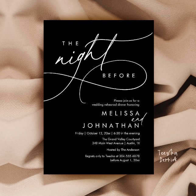 Convites Jantar de Ensaios de Casamento Romântico na Noite  (Romantic Wedding Rehearsal Dinner The Night Before Invitation Card in White-and-Black)