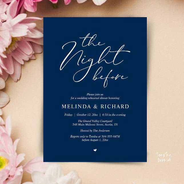 Convites Jantar de Ensaios de Casamento Romântico na Noite  (Modern Romantic Wedding Rehearsal Dinner The Night Before Forever Invites Card in Navy Blue)