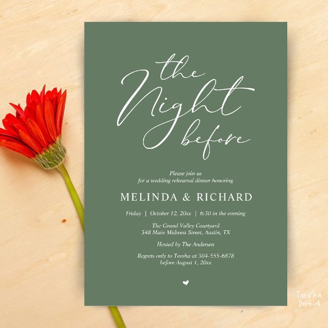 Convites Jantar de Ensaios de Casamento Romântico na Noite  (Modern Romantic Wedding Rehearsal Dinner The Night Before Forever Invites Card in Sage Green)