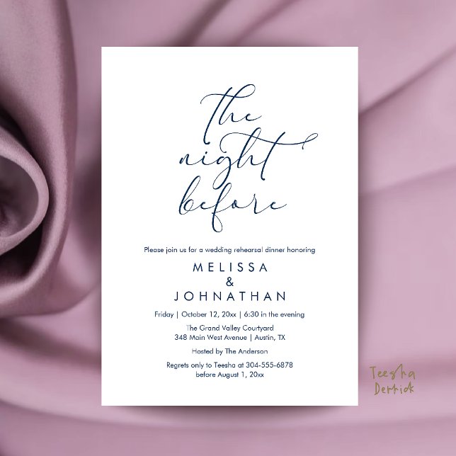Convites Jantar de Ensaios de Casamento Romântico na Noite  (Romantic Wedding Rehearsal Dinner The Night Before Invitation Card in Navy Blue)