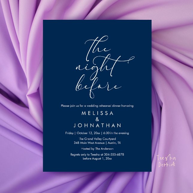 Convites Jantar de Ensaios de Casamento Romântico na Noite  (Romantic Wedding Rehearsal Dinner The Night Before Invitation Card in Navy Blue)
