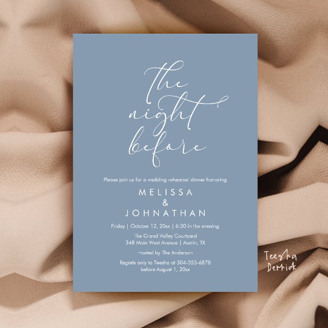 Convites Jantar de Ensaios de Casamento Romântico na Noite  (Romantic Wedding Rehearsal Dinner The Night Before Invitation Card in Dusty Blue)