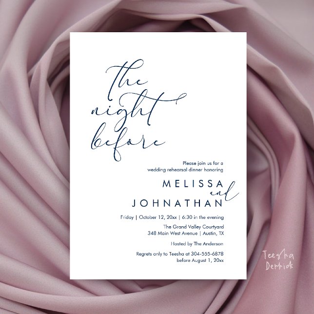Convites Jantar de Ensaios de Casamento Romântico na Noite  (Romantic Wedding Rehearsal Dinner The Night Before Invitation Card in Navy Blue)