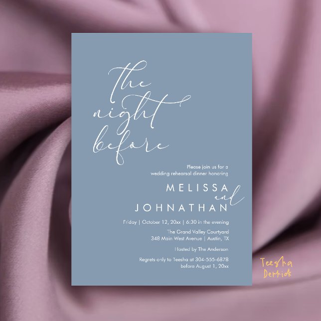 Convites Jantar de Ensaios de Casamento Romântico na Noite  (Romantic Wedding Rehearsal Dinner The Night Before Invitation Card in Dusty Blue)