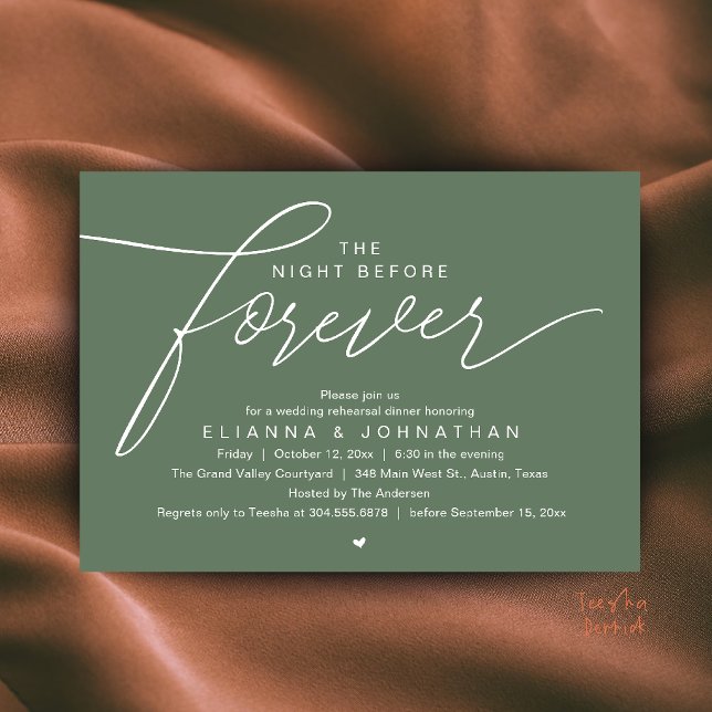 Convites Jantar de Ensaios de Casamento, Roteiro Moderno e  (The Night Before Forever, Wedding Rehearsal Dinner, Modern Elegant Invites Card in Sage Green)