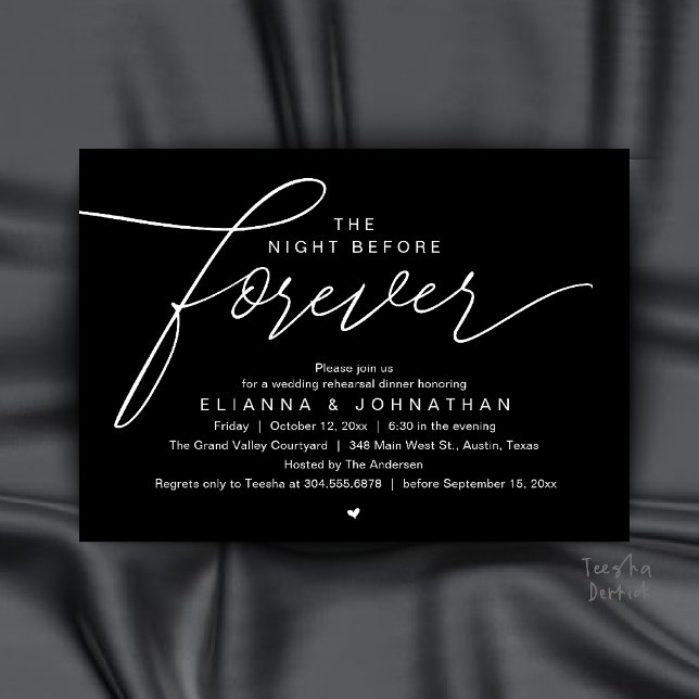Convites Jantar de Ensaios de Casamento, Roteiro Moderno e  (The Night Before Forever, Wedding Rehearsal Dinner, Modern Elegant Invites Card in Black and White)