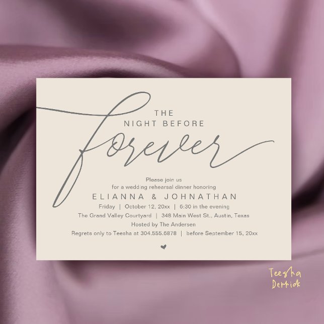 Convites Jantar de Ensaios de Casamento, Roteiro Moderno e  (The Night Before Forever, Wedding Rehearsal Dinner, Modern Elegant Invites Card in Cream Grey)