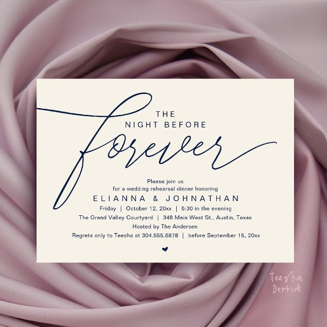 Convites Jantar de Ensaios de Casamento, Roteiro Moderno e  (The Night Before Forever, Wedding Rehearsal Dinner, Modern Elegant Invites Card in Navy Blue Ivory)
