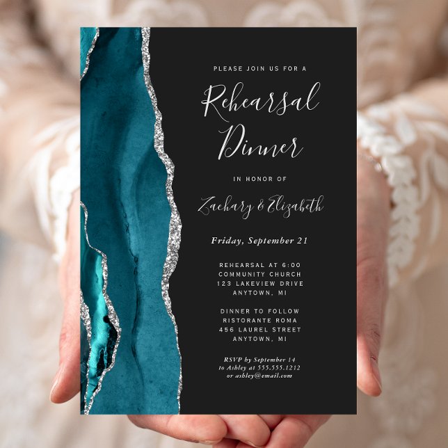 Convites Jantar de Ensaios de Casamento Teal Silver Agate D (Criador carregado)
