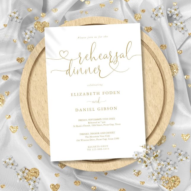 Convites Jantar de Ensaios de Coração de Ouro Elegante (Elegant Gold Heart Script Rehearsal Dinner Invitation)