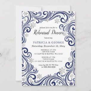 Convites Jantar de Ensaios de Inverno Navy Prata Flocos de