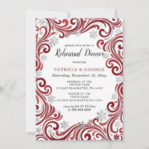 Convites Jantar de Ensaios de Inverno Vermelho Prata Flocos