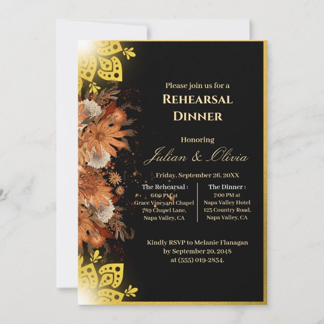 Convites Jantar de Ensaios de Luxo Real Preto e Dourado (Frente)