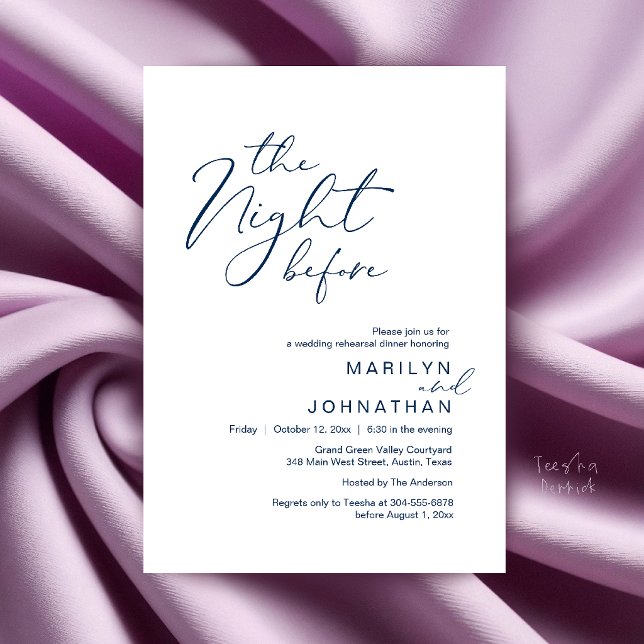 Convites Jantar de Ensaios de Noivado Moderno na Véspera do (Modern The Night Before Wedding Rehearsal Dinner Invitation Card in Navy Blue)