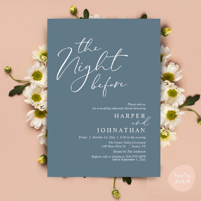 Convites Jantar de Ensaios de Noivado Romântico da Noite An (The Night Before Romantic Wedding Rehearsal Dinner Modern Invitation Card PDF Dusty Blue)