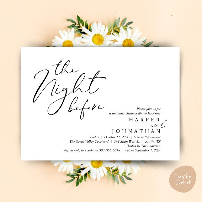 Convites Jantar de Ensaios de Noivado Romântico da Noite An (The Night Before Romantic Wedding Rehearsal Dinner Modern Invitation Card PDF White Black)