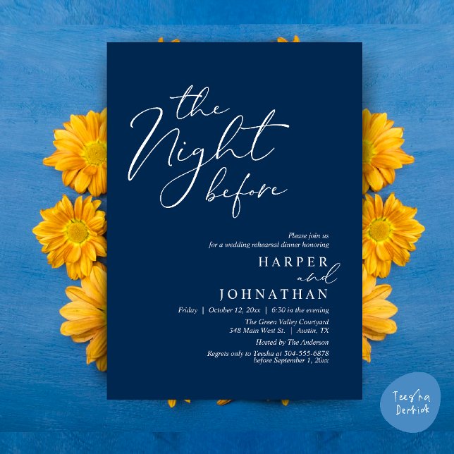 Convites Jantar de Ensaios de Noivado Romântico da Noite An (The Night Before Romantic Wedding Rehearsal Dinner Modern Invitation Card PDF Navy Blue)