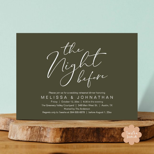 Convites Jantar de Ensaios de Noivado Romântico da Noite An (The Night Before Romantic Modern Wedding Rehearsal Dinner Aesthetic Invites PDF Classy Olive Green)