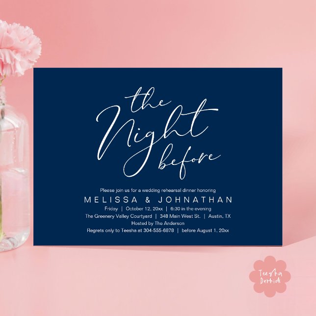 Convites Jantar de Ensaios de Noivado Romântico da Noite An (The Night Before Romantic Modern Wedding Rehearsal Dinner Aesthetic Invites PDF Classy Navy Blue)