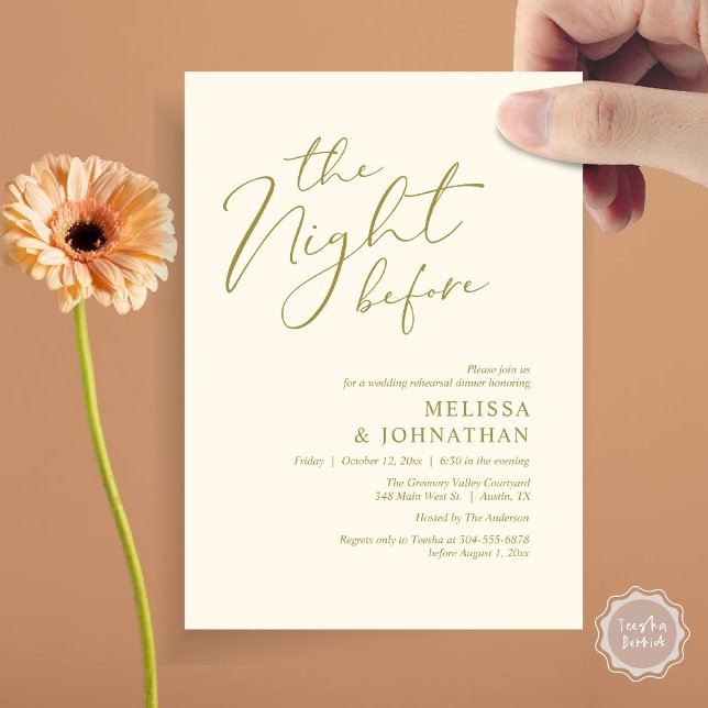 Convites Jantar de Ensaios de Noivado Romântico da Noite An (The Night Before Romantic Modern Wedding Rehearsal Dinner Aesthetic Invites PDF Classy Yellow Gold)