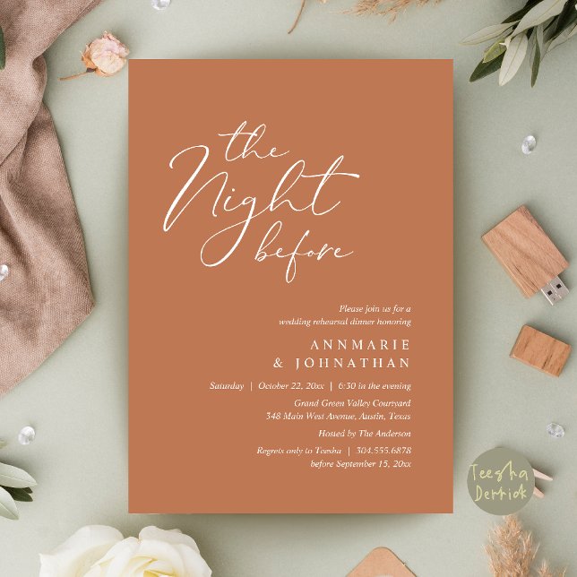 Convites Jantar de Ensaios de Noivado Romântico na Véspera  (The Night Before Romantic Wedding Rehearsal Dinner Invitation Card in Copper Terracotta )