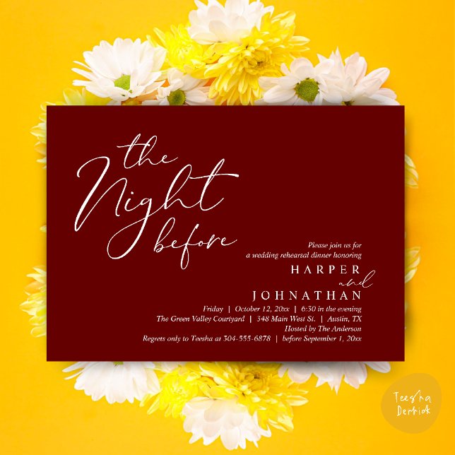 Convites Jantar de Ensaios de Noivado Romântico na Véspera  (The Night Before Romantic Wedding Rehearsal Dinner Modern Invites Card PDF Burgundy Wine Red)