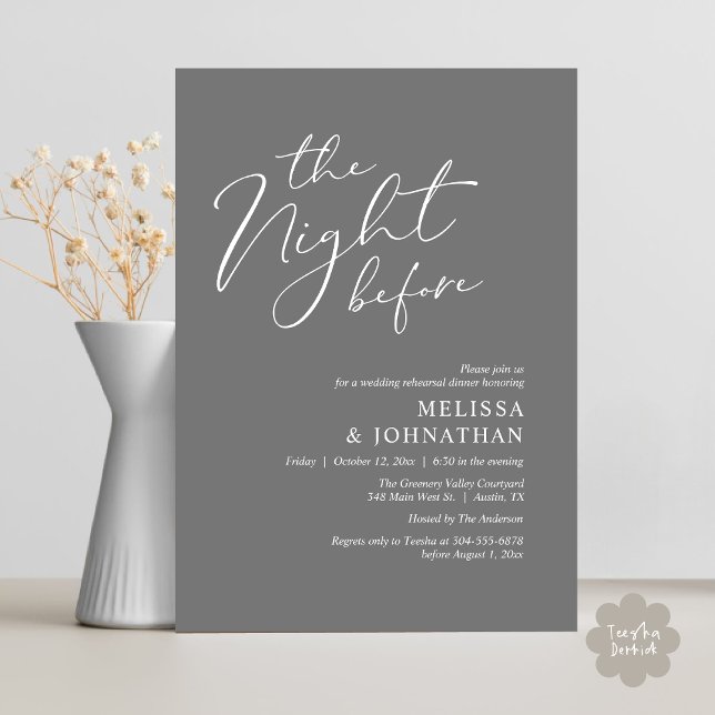 Convites Jantar de Ensaios de Noivado Romântico na Véspera  (The Night Before Romantic Modern Wedding Rehearsal Dinner Aesthetic Invites PDF Classy Dark Grey)