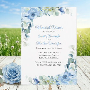 Convites Jantar de Ensaios de Rosas em Aquarela Azul Floral