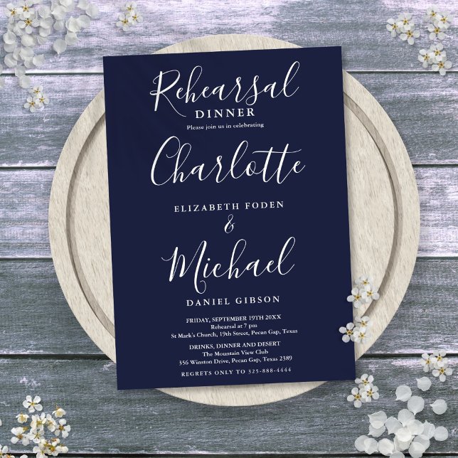 Convites Jantar de Ensaios de Script da Assinatura Azul-Mar (Navy Blue Signature Script Rehearsal Dinner Invitation)