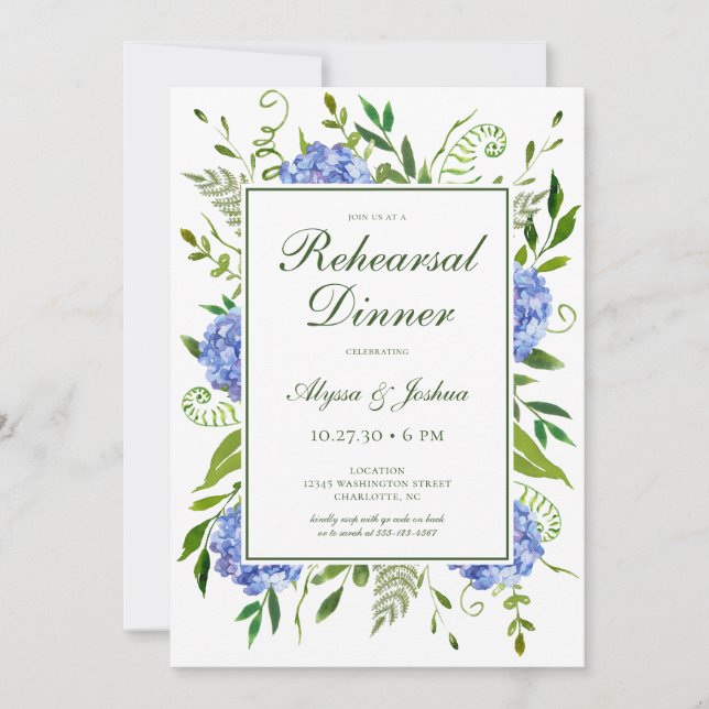 Convites Jantar de Ensaios do Script Blue Hydrangeas (Frente)
