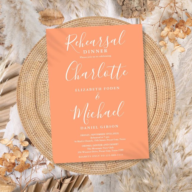 Convites Jantar de Ensaios do Script de Assinatura de Pêsse (Peach Signature Script Rehearsal Dinner Invitation)