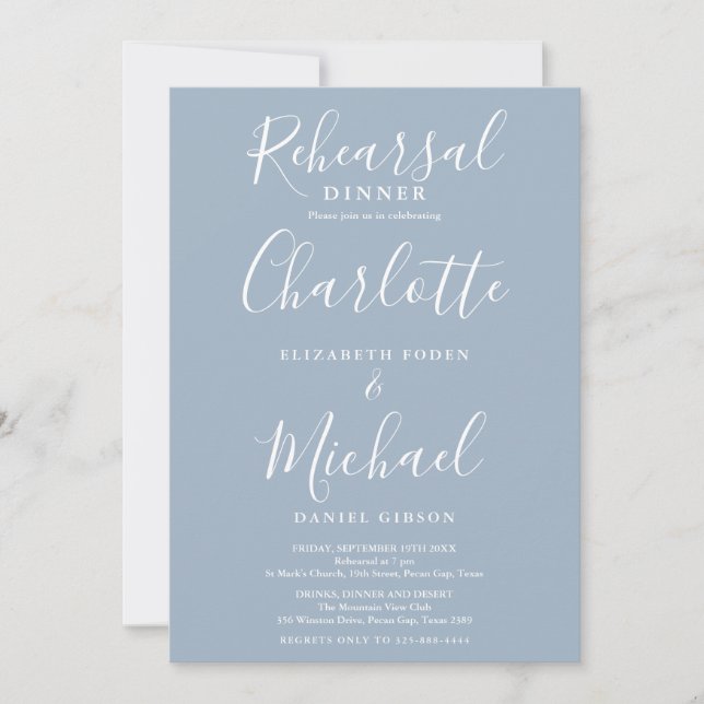 Convites Jantar de Ensaios Dusty Blue Signature Script (Frente)